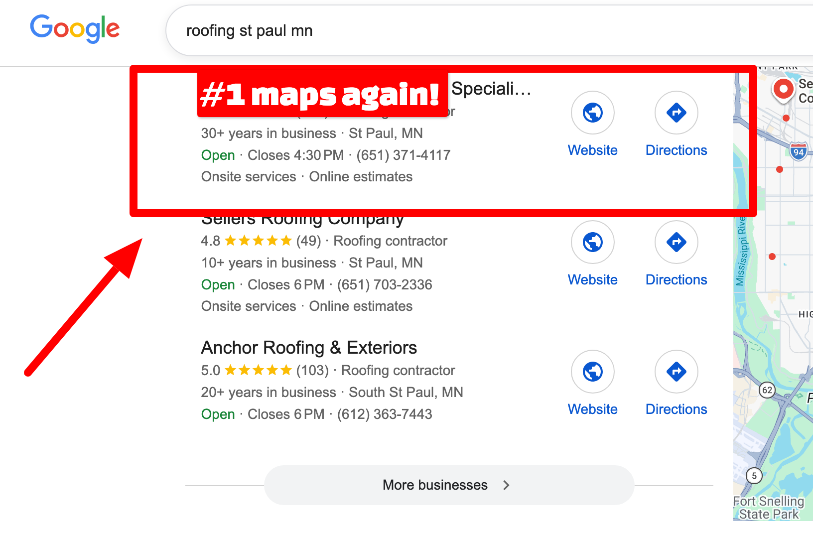 Google Maps #1 ranking, roofing Saint Paul MN