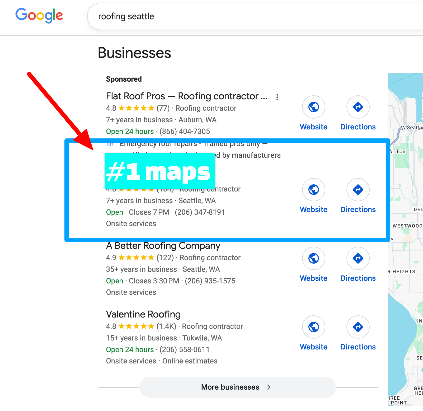 Google Maps #1 ranking, roofing Seattle