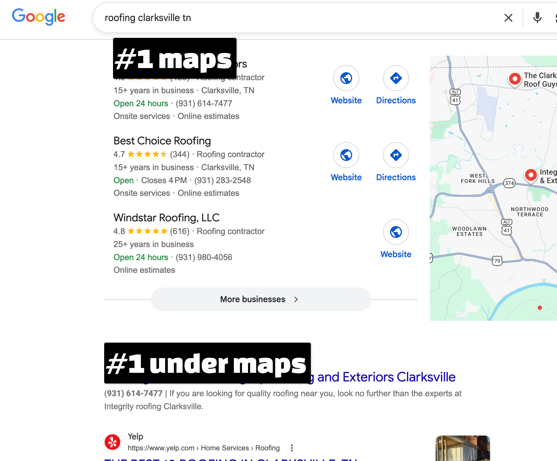 Google Maps #1 and #1 under maps, roofing Clarksville TN