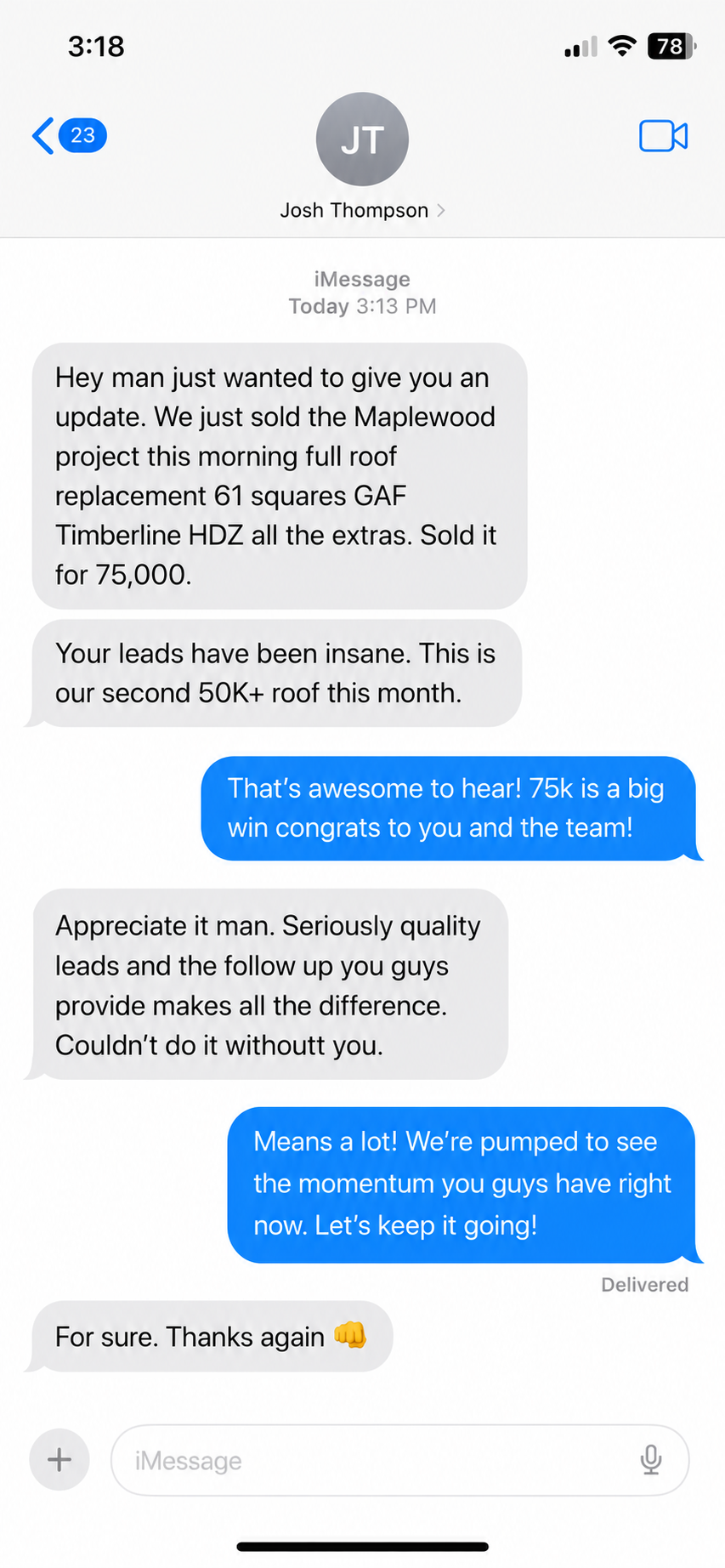 Customer text message: roof project closed