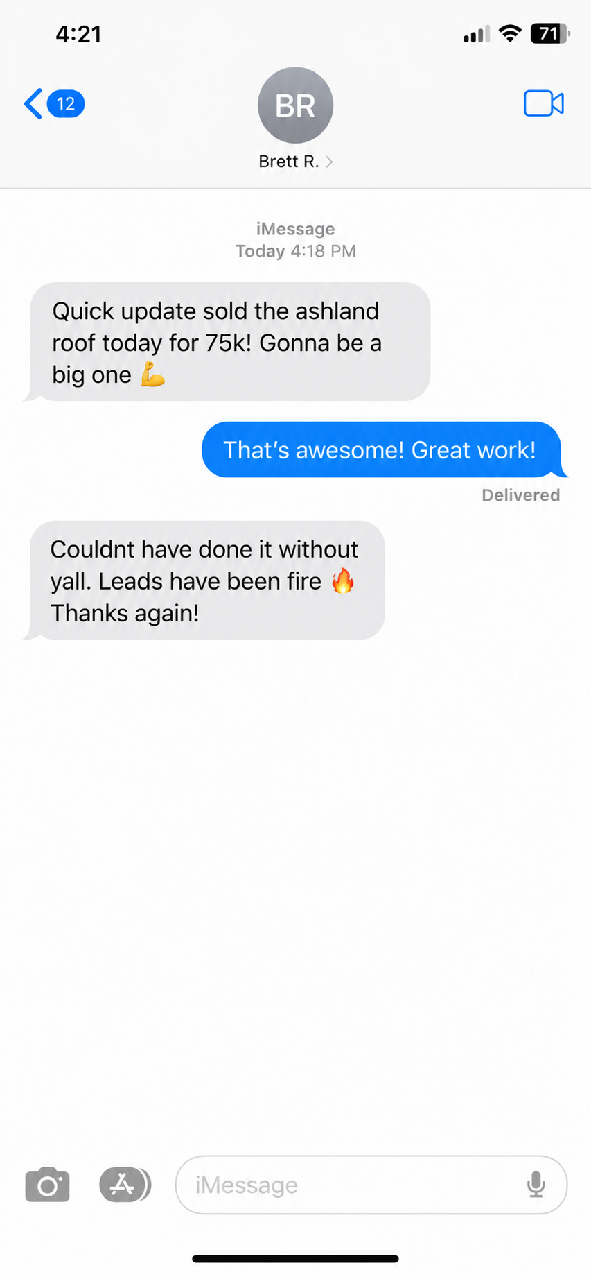 Customer text message: roof project closed