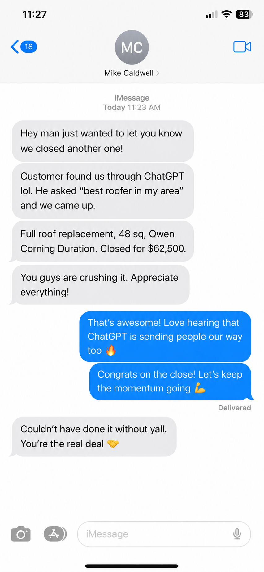 Customer text message: lead closed