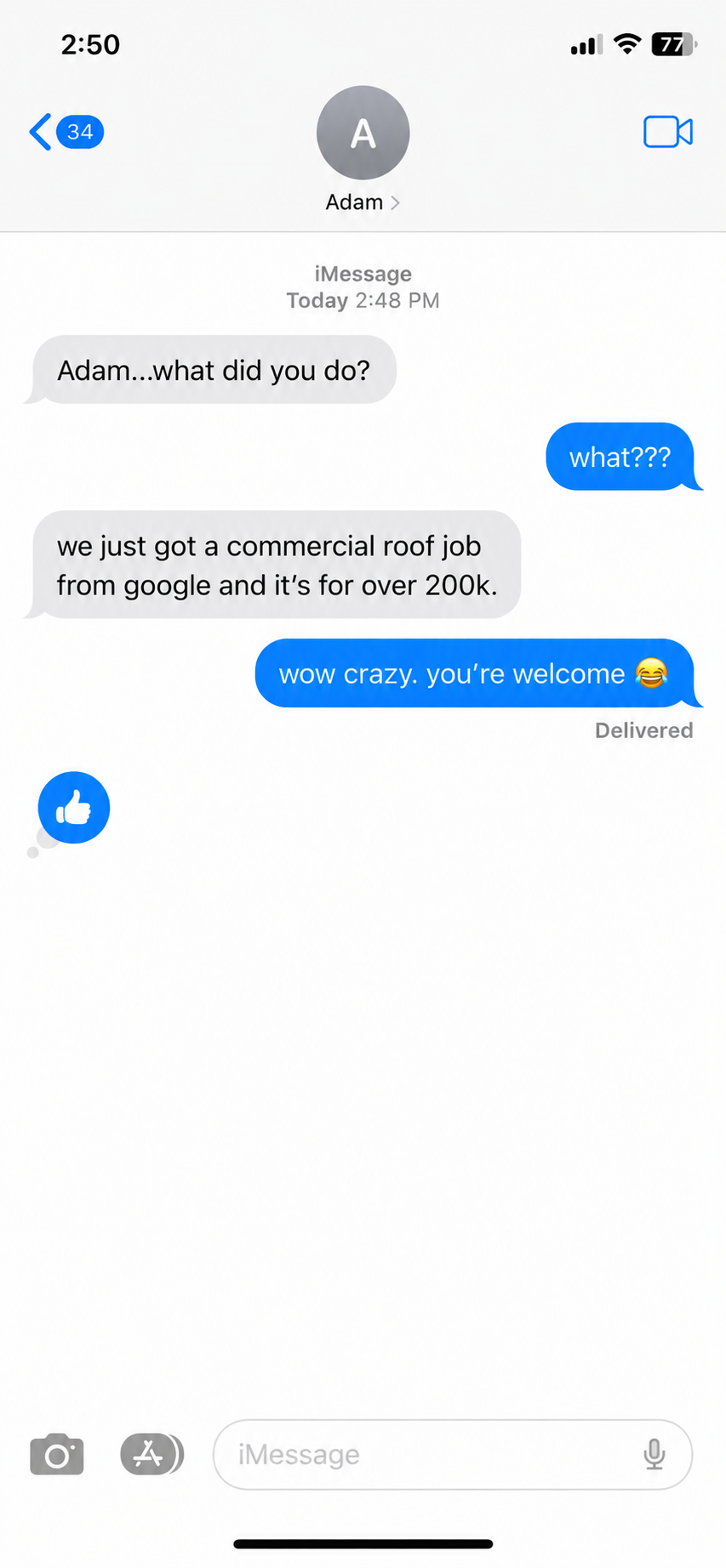 Customer text message: commercial roof closed