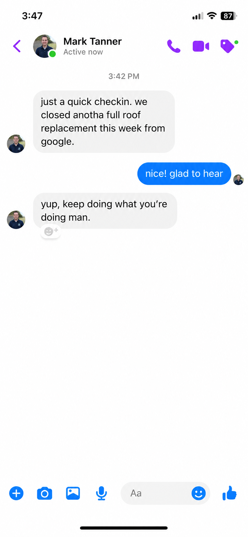 Facebook message: closed another roof replacement from Google