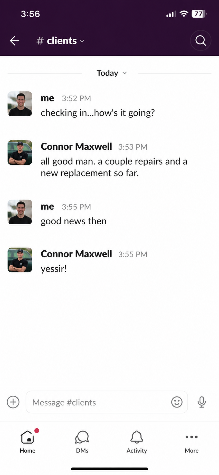 Slack message from client: repairs and a new replacement